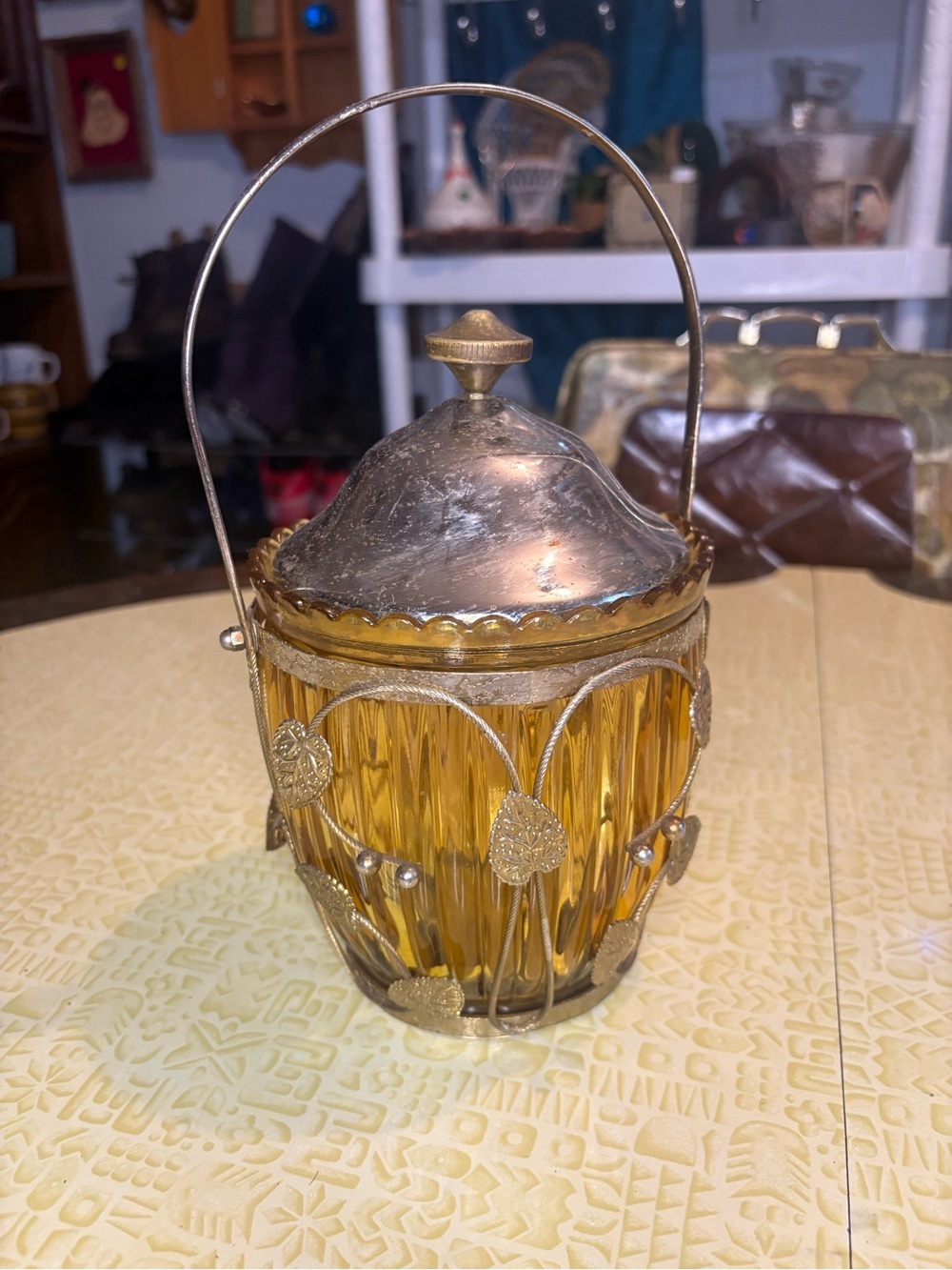Vintage Amber Glass Biscuit Jar with Filigree Musical Metal Lid